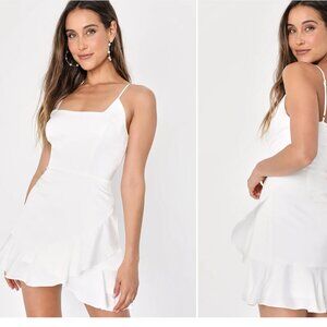LuLus White Satin Mini Dress with Ruffle Hem - Size L